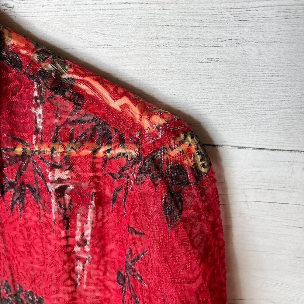 Chicos Blouse Womens SZ 1 / M Red, Black & White Floral Bamboo Print Linen Blend - Picture 8 of 15